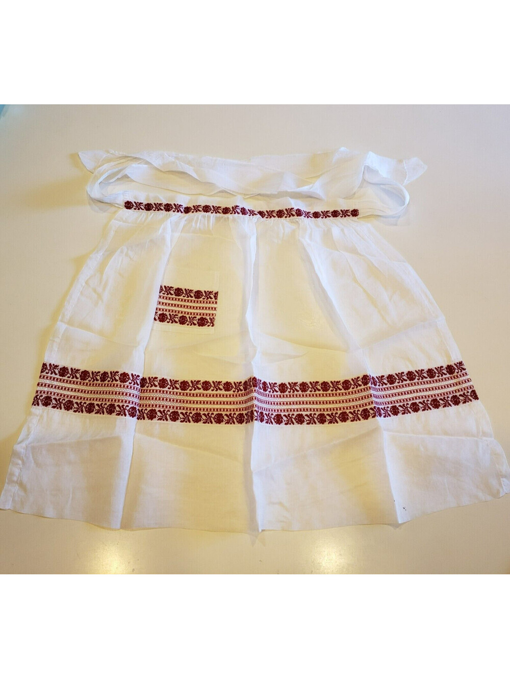 Vintage Chiffon Apron Red Woven Ribbon Lace Accents Pocket Kitsch Organdy